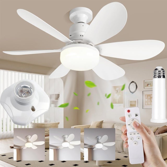 Ventilateur de plafond 52 cm avec rallonge et culot E27, petit ventilateur de plafond LED, trois températures de couleur,6 pales, 3 vitesses,minuterie