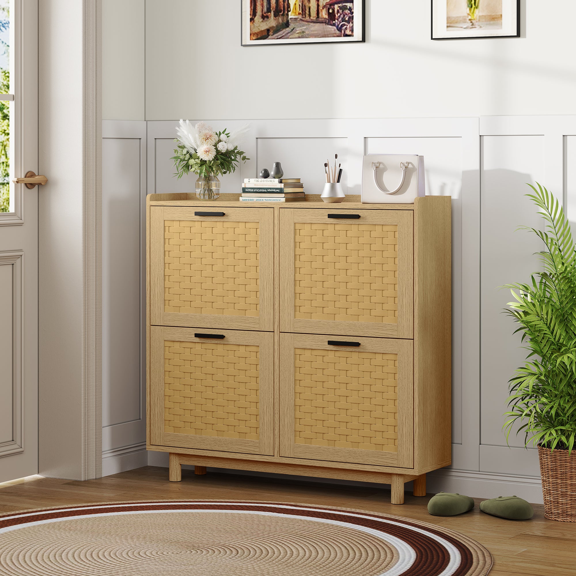 Meuble à Chaussures, Armoire à Chaussures Entree avec 4 Porte en Rotin, Meuble de Rangement à Chaussures Armoire pour Entrée, Couloir et Chambre, Bois - 3