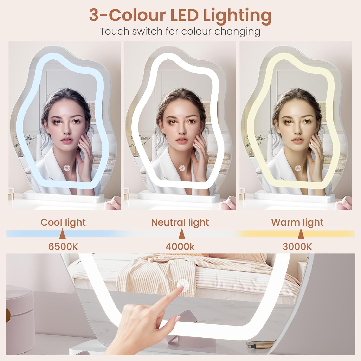 Miroir de Maquillage Lumineux WOLTU, 3 Niveaux d'Éclairage + Luminosité Réglable, Miroir Coiffeuse LED 43x56 cm, Blanc - 3