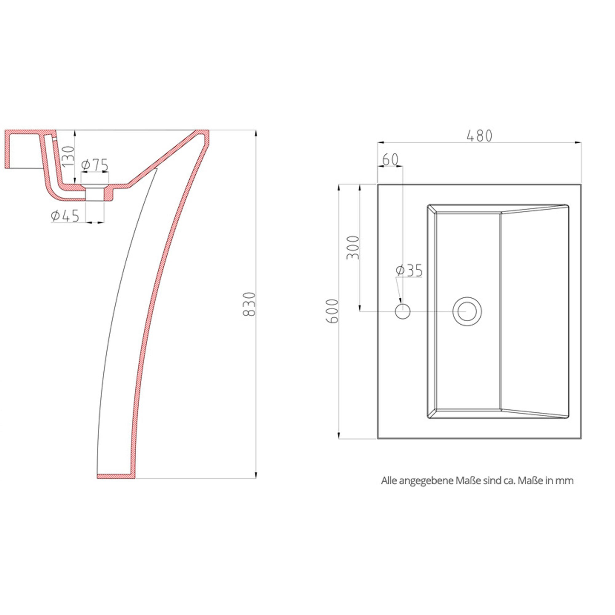 Lavabo sur Pied, Vasque Colonne Rectangulaire, 60x48x82cm, avec Trop-Plein, Lave Mains Blanc en Résine, pour Salle de Bains, Col07 Mai & Mai - 5