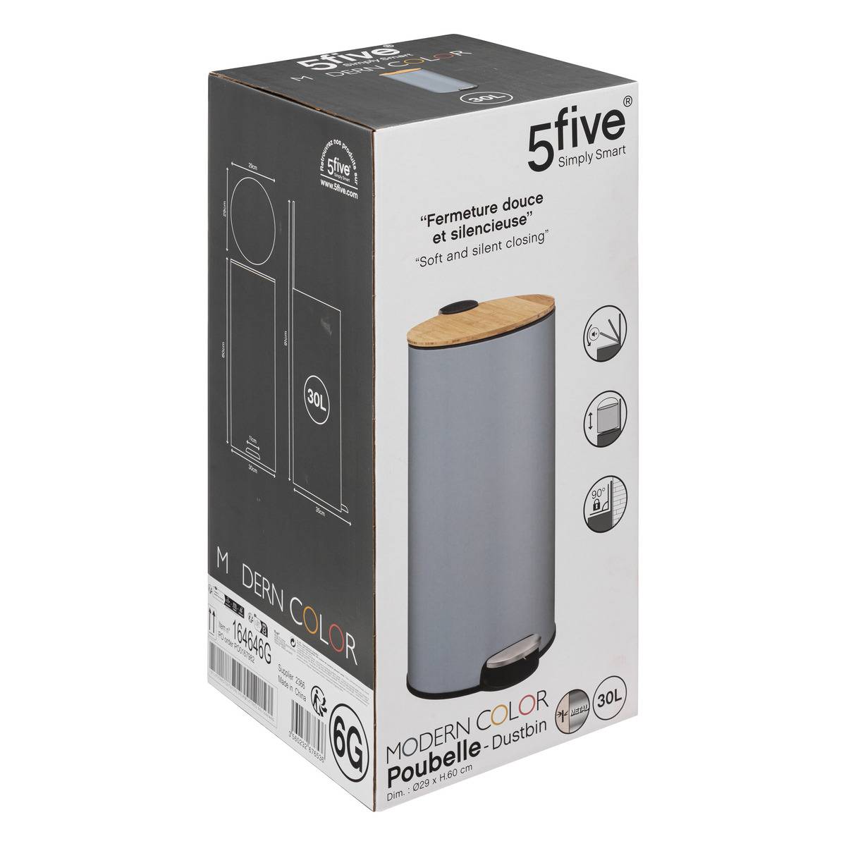 5five – Cestino Rifiuti 30 Litri Con Coperchio In Bambù, Grigio, Metallo, Chiusura Soft Close