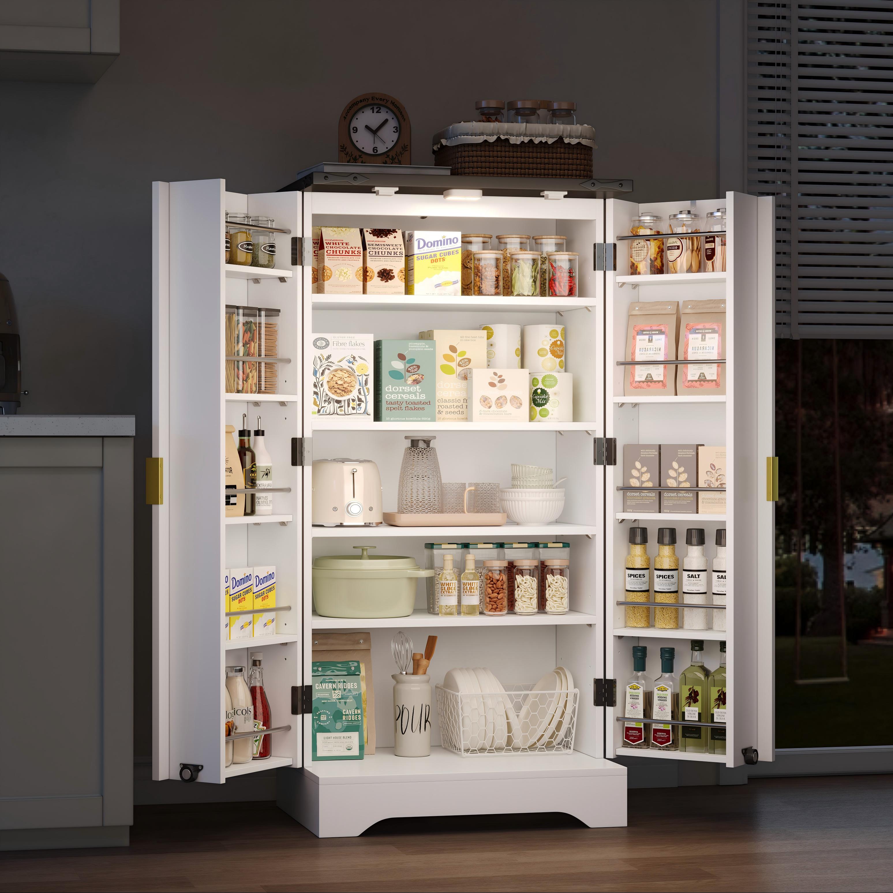 Kredens kuchenny 60,5x40x120 cm - z czujnikiem oświetlenia LED - 2 drzwi - z regulowanymi półkami - biały