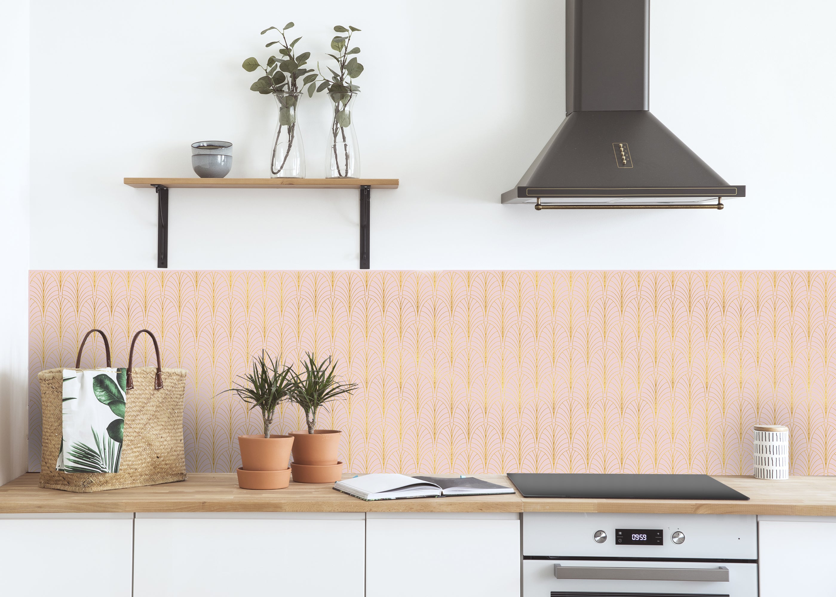 Adhesivo para muebles, armarios, pared, cocina, baños - decoración - art-decó in light pink and gold 80x210 cm