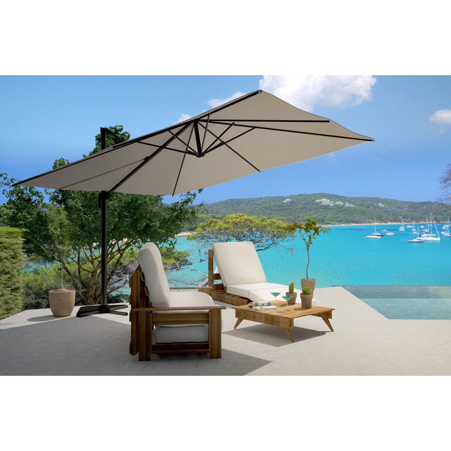 Bundle parasol 3x4m déporté rotatif gris + housse CESARE - 4