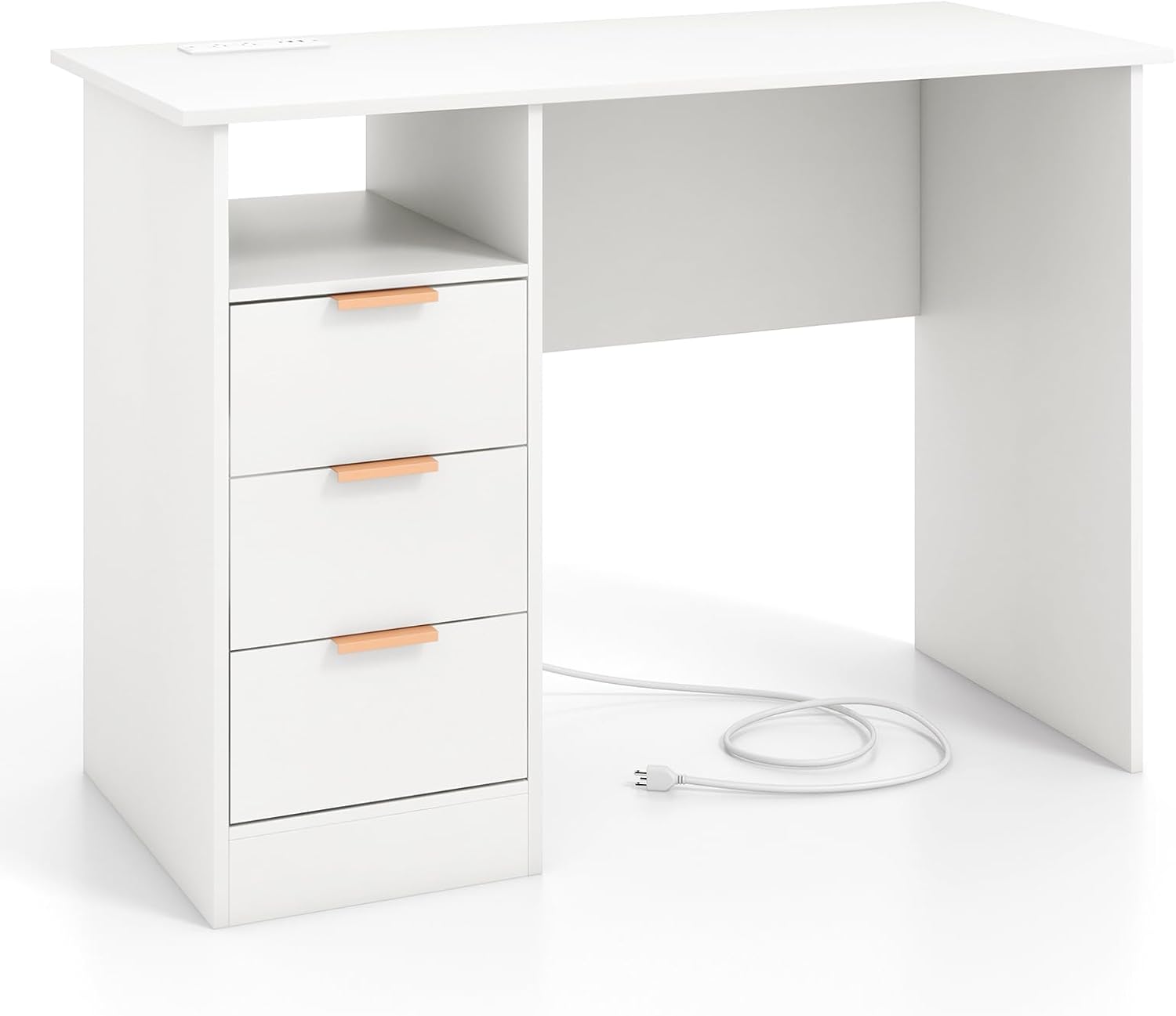 Biurko 105 cm z Gniazdkami Elektrycznymi, 3 Szufladami, Otwartą Przegrodą, Nowoczesnym Stanowiskiem Pracy z Portami USB Typu C (Kolor Biały)