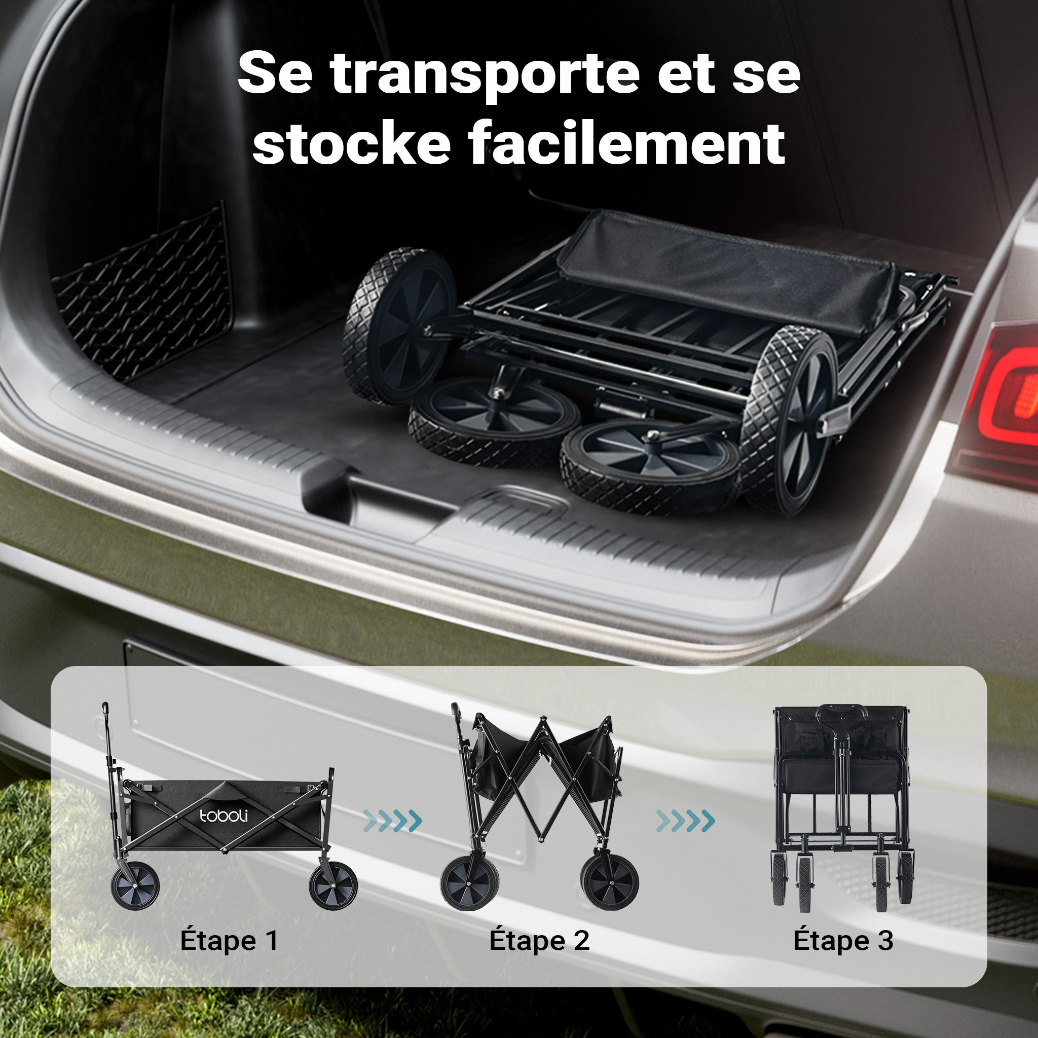 Chariot de transport Enfant Noir Pliable 100 kg avec Roulettes 1020x505x1010 mm Poignée Télescopique Transport Outils Tout-terrain Plage… Toboli - 8