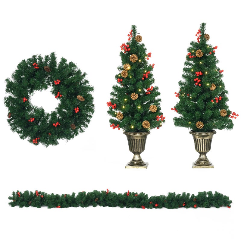 świąteczny decorations z lampki LED i czerwony berries, 4-częściowy zestaw z 2 świąteczny trees Φ40x90 cm