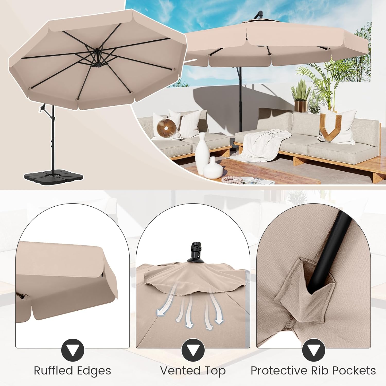 Parasol Déporté 3x3m avec Housse, Grand Parasol de Jardin Exterieur,8 Baleines et Base Croisée, Parasol Inclinable Suspendu avec Manivelle(Beige) - 8