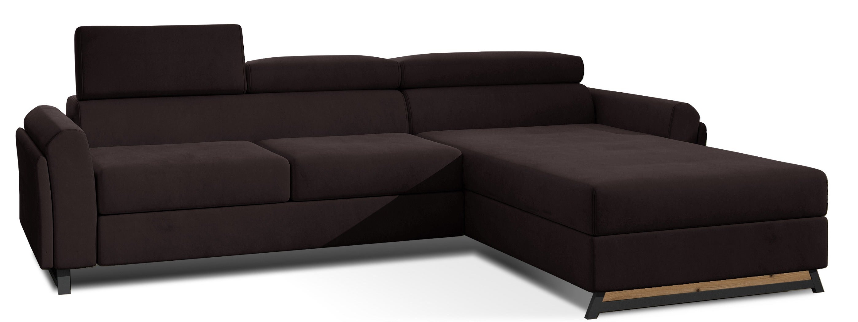 Canapé angle droit convertible velours marron foncé avec appuis-tête