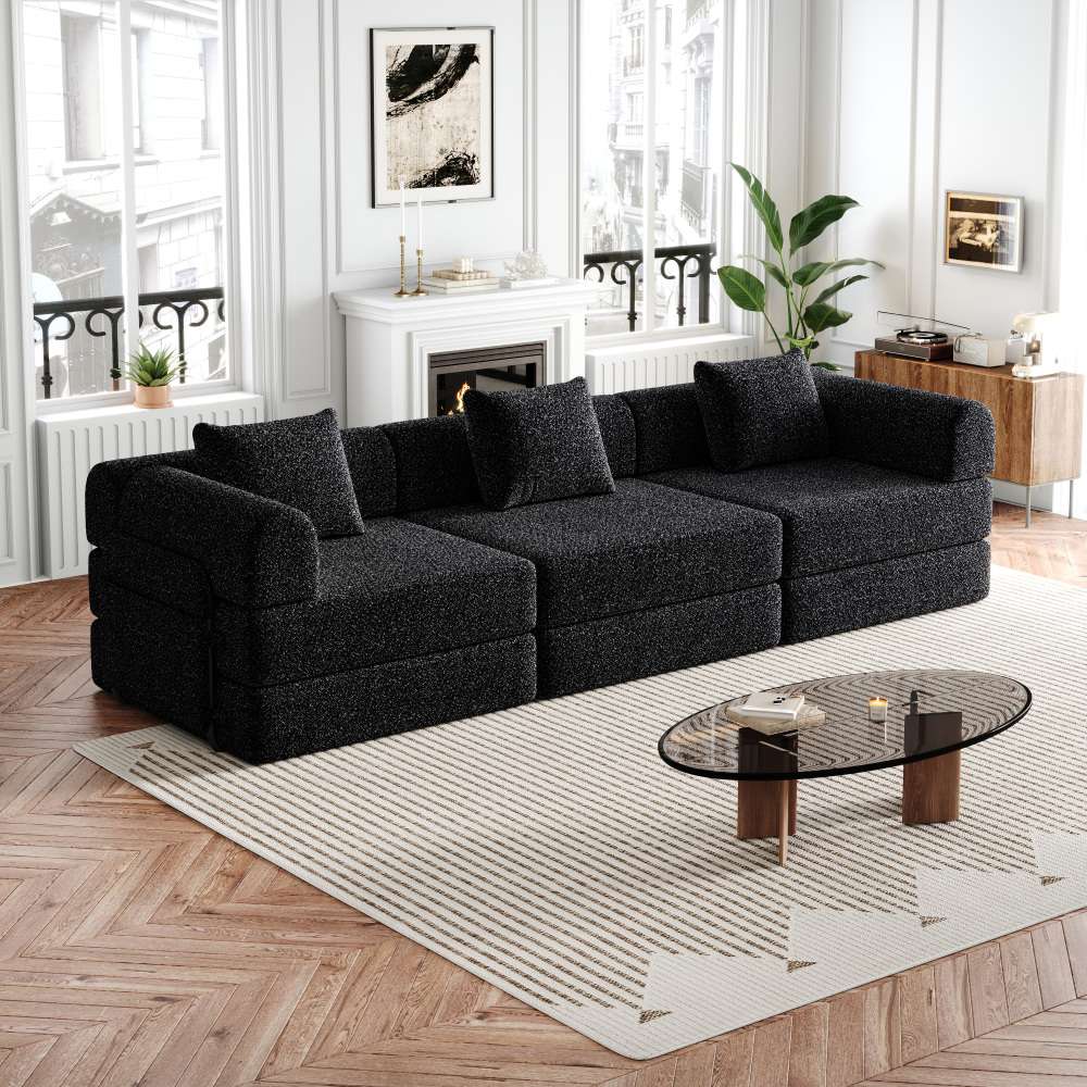 Sofa rozkładana 2 w 1 z podłokietnikami i miejscem do przechowywania, metalową ramą z trzema podporami i wszechstronnymi możliwościami konfiguracji