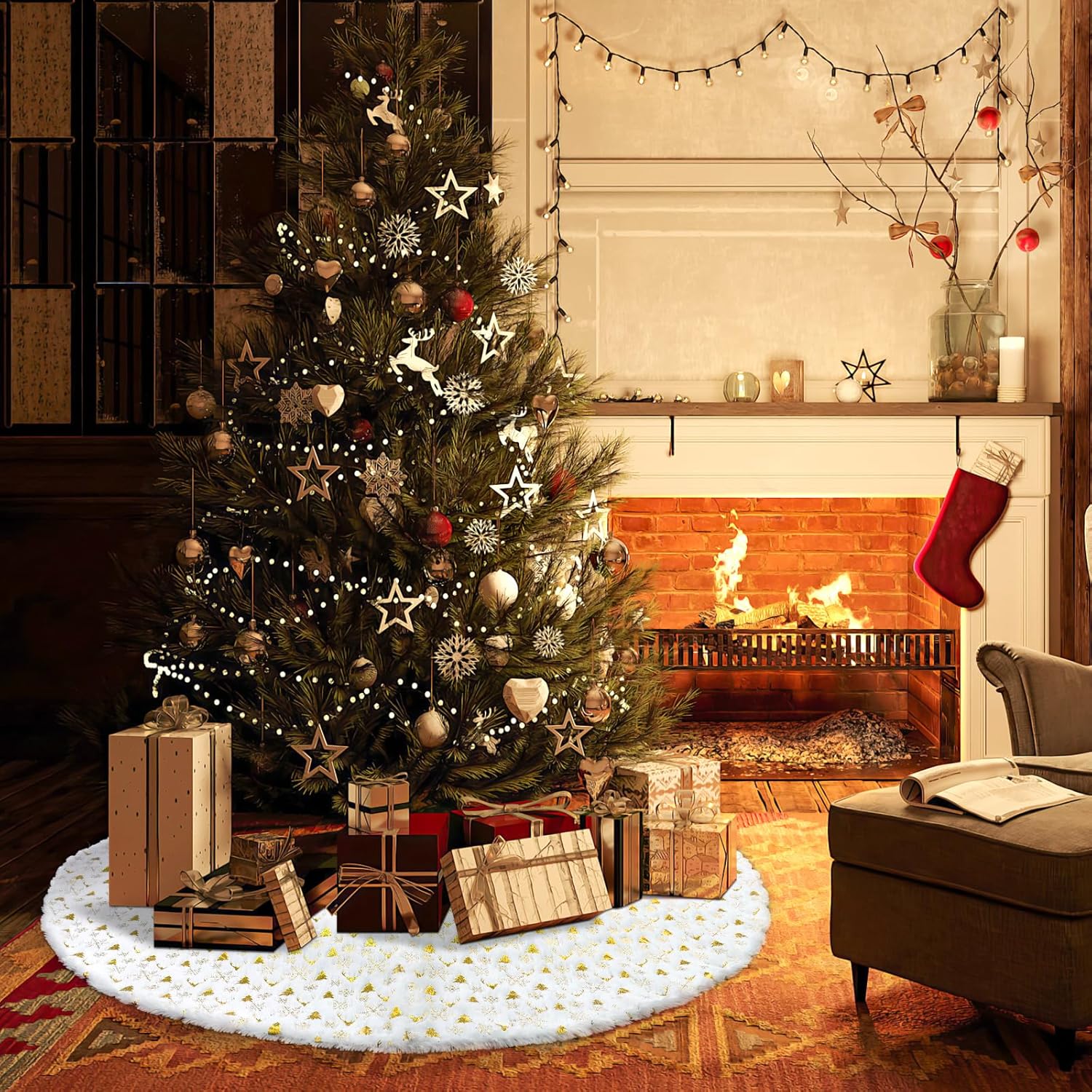 Saia para árvore de Natal, base para árvore de Natal, tapete para árvore de Natal com lantejoulas douradas, adequado para decoração (branco, 90 cm) - 5