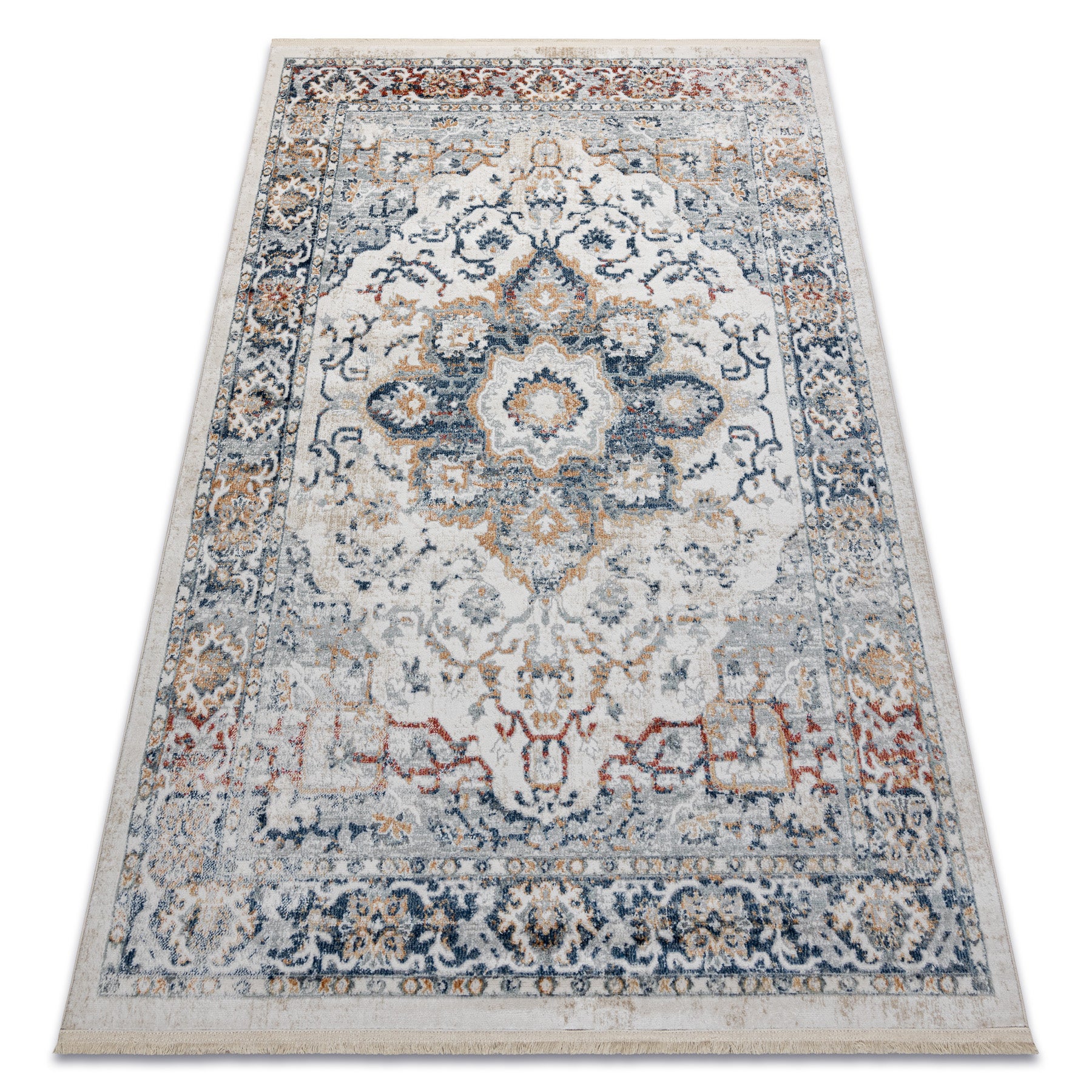 Dywan DISTIN 0834A granatowy / niebieski / żółty / terakota nowoczesny - Ornament, vintage, frędzle 80x150 cm