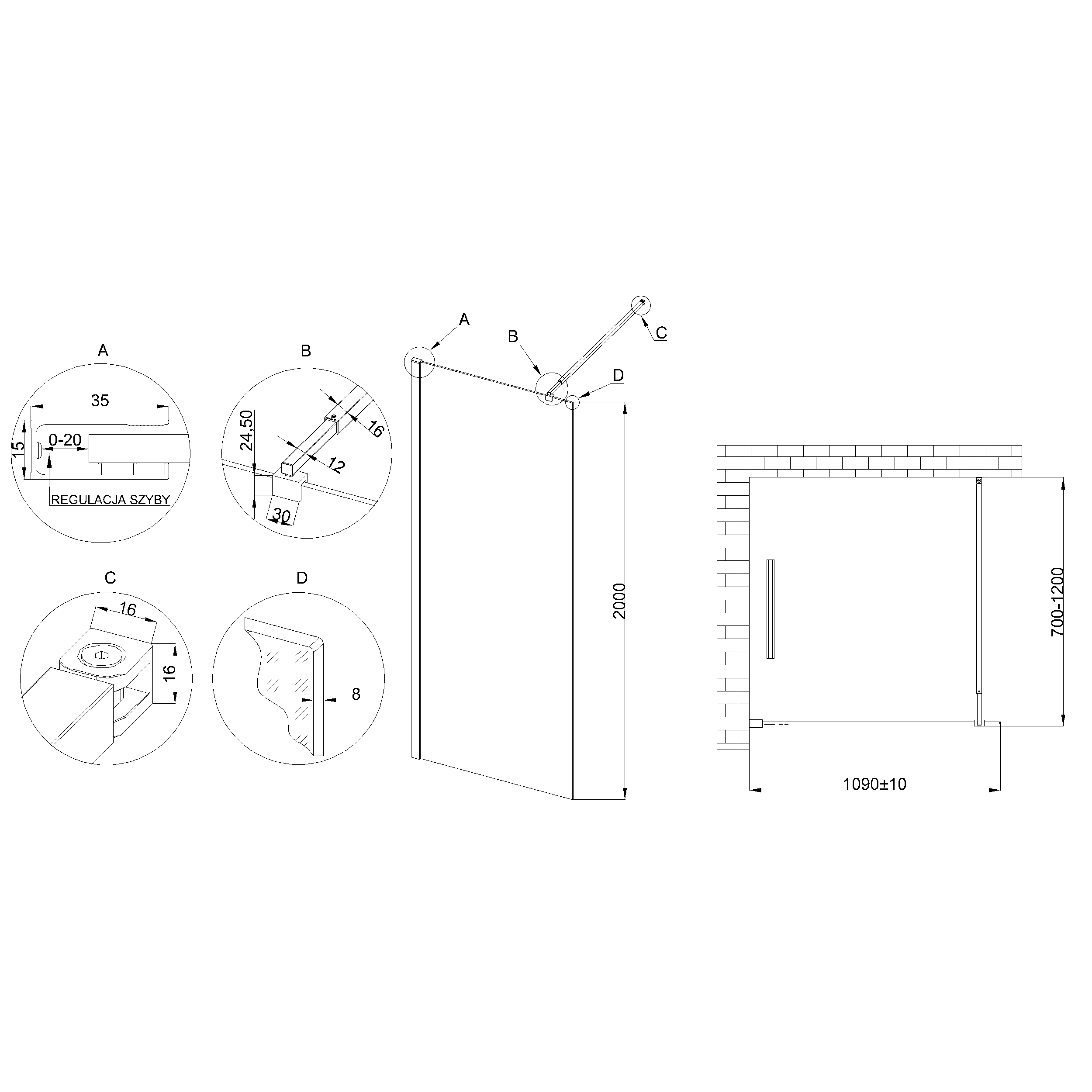 Kabina Prysznicowa Walk In Kabina Walk-In Ścianka 200x110 cm INVENA Czarna - 7