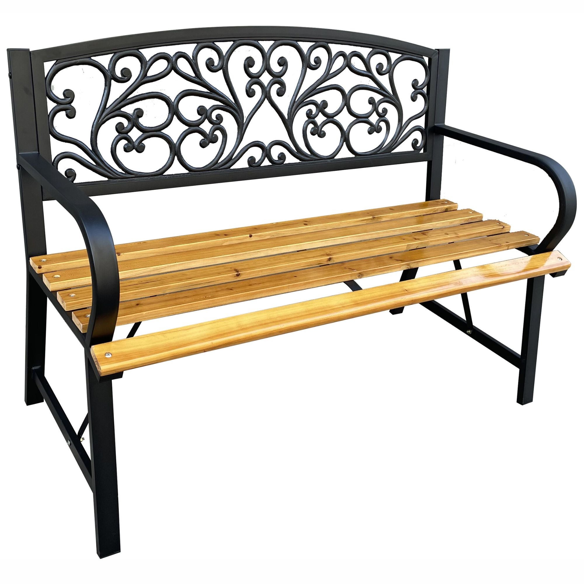 Czarna ławka ogrodowa NERINA z lakierowanym drewnem i żeliwnymi nogami szerokość 118 cm