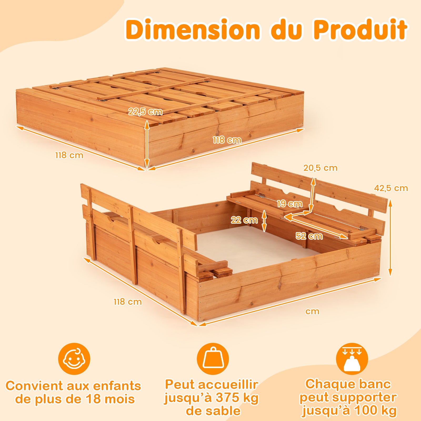 Arenero Infantil Con Banco Plegable De Madera De 120x120 Cm - SPRINGOS - Incluye Suelo De Fieltro - Impregnado A Base De Agua - Fácil Montaje