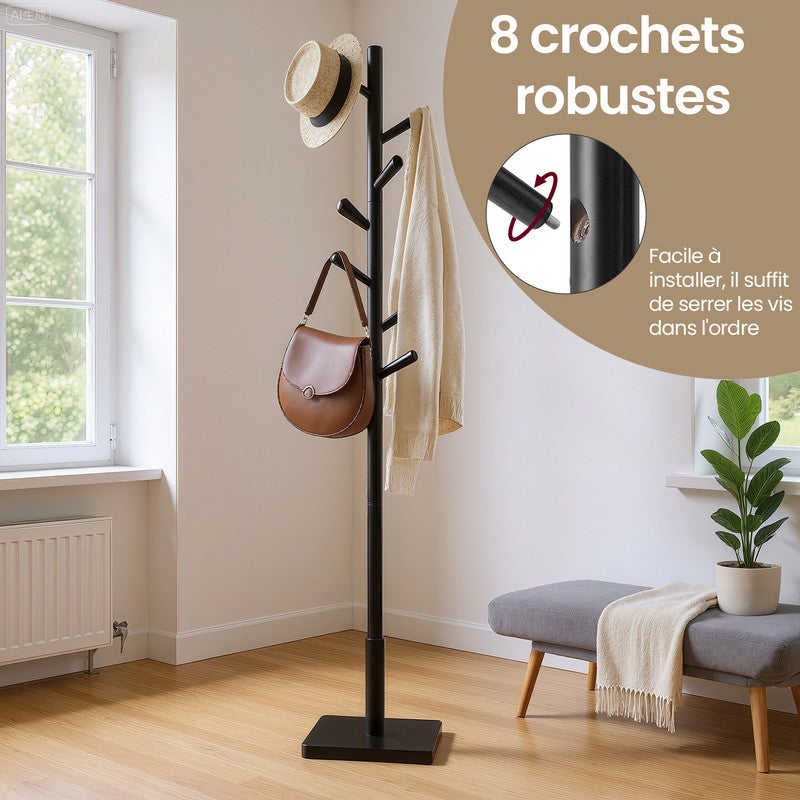 Portemanteau sur Pied en Bois avec 8 Crochets, 3 Hauteurs Réglables, pour Manteaux, Chapeaux, Sacs, Entrée ou Couloir, Bois d’Hévéa, Noir d’Encre - 3