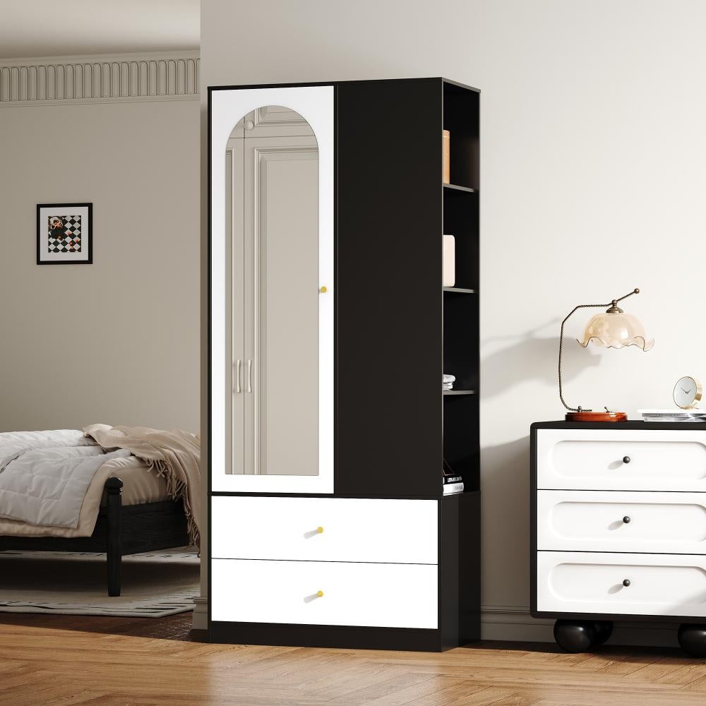 Armoire avec miroir et 1 porte, garde-robe moderne avec 2 tiroirs et 4 étagères, idéale pour rangement dans la chambre, blanc et noir, 80x40x180 cm - 2