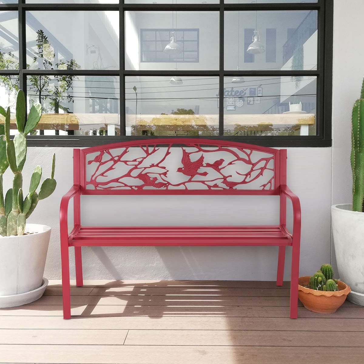 Banc de Jardin Structure Stable Banquette de Jardin Motif Oiseaux et Branches pour Parc Terrasse Balcon 123 x 60 x 88 cm Rouge - 6
