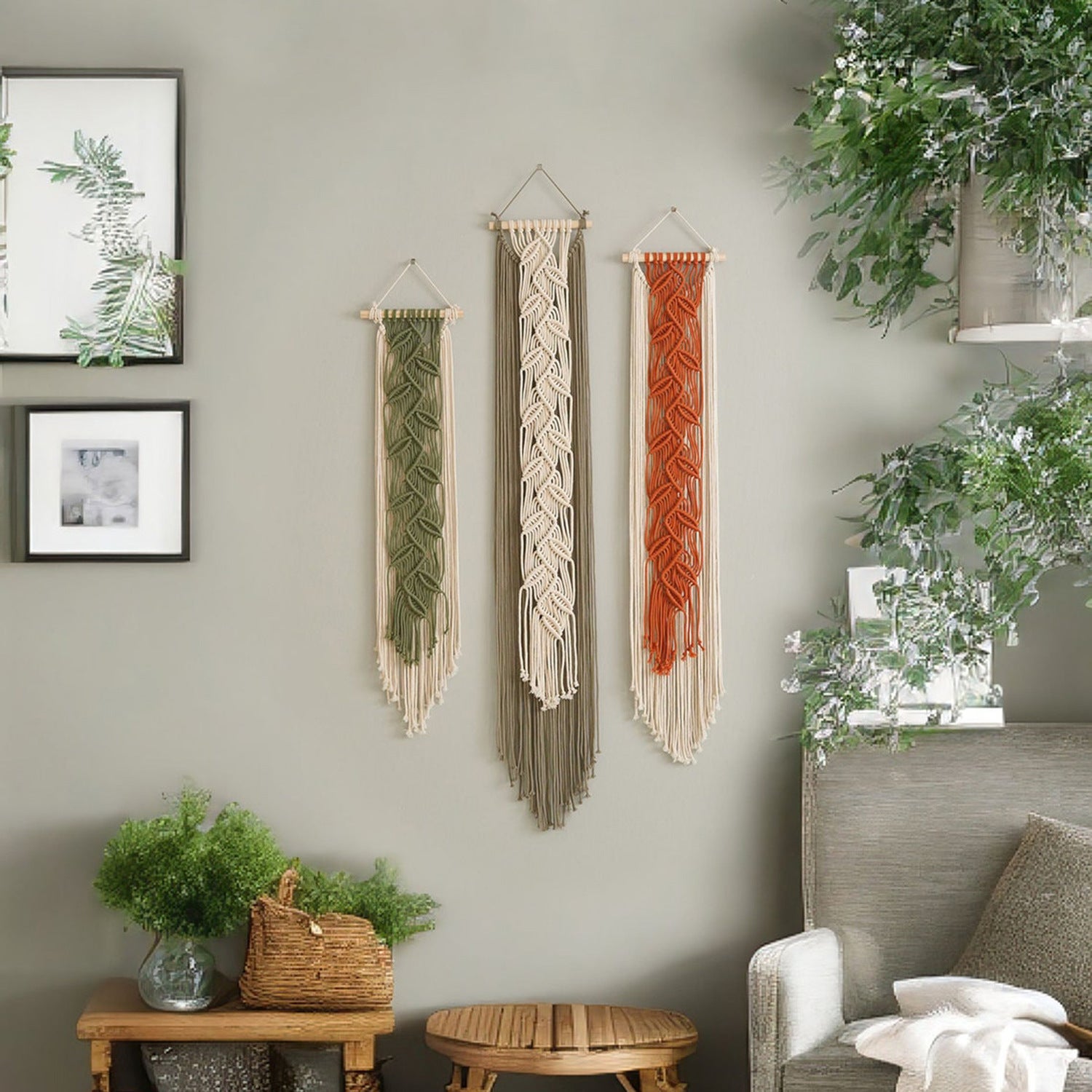 Kit Arazzo Macramè Bohémien Con Perle Di Legno E Foglie Verdi – Decorazione Parete Fai Da Te Per Soggiorno E Camera