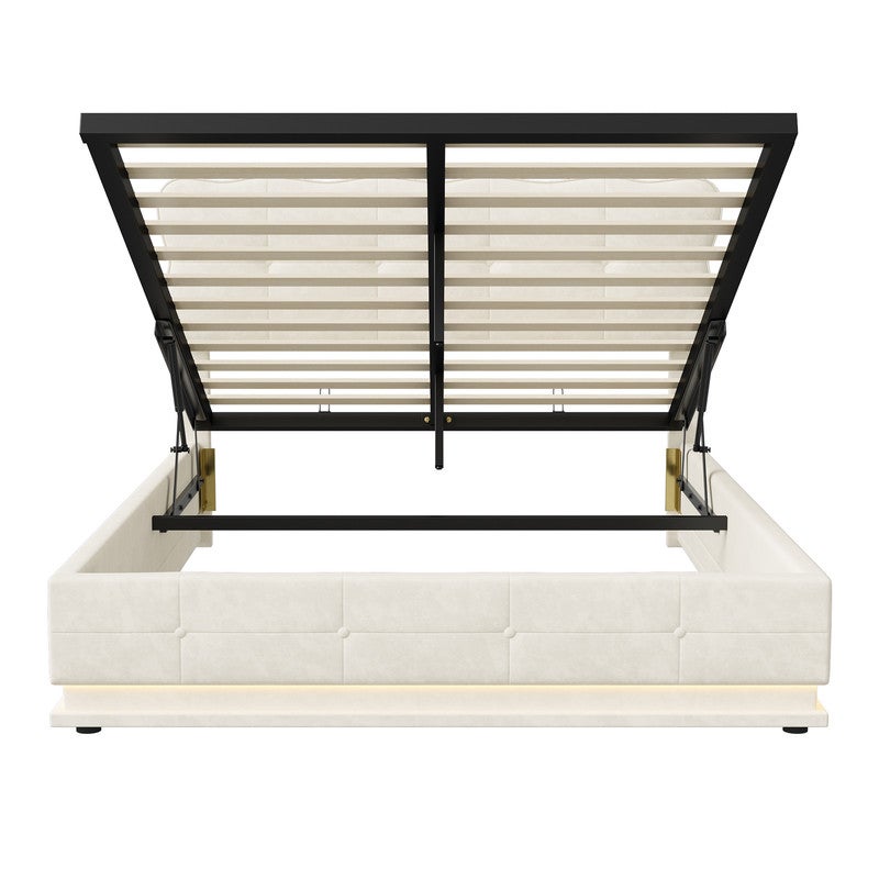 Lit coffre adulte 140x190 avec sommier, velours, LED Éclairage, structure métal, grand espace rangement, lit double, style scandinave - Beige - 4