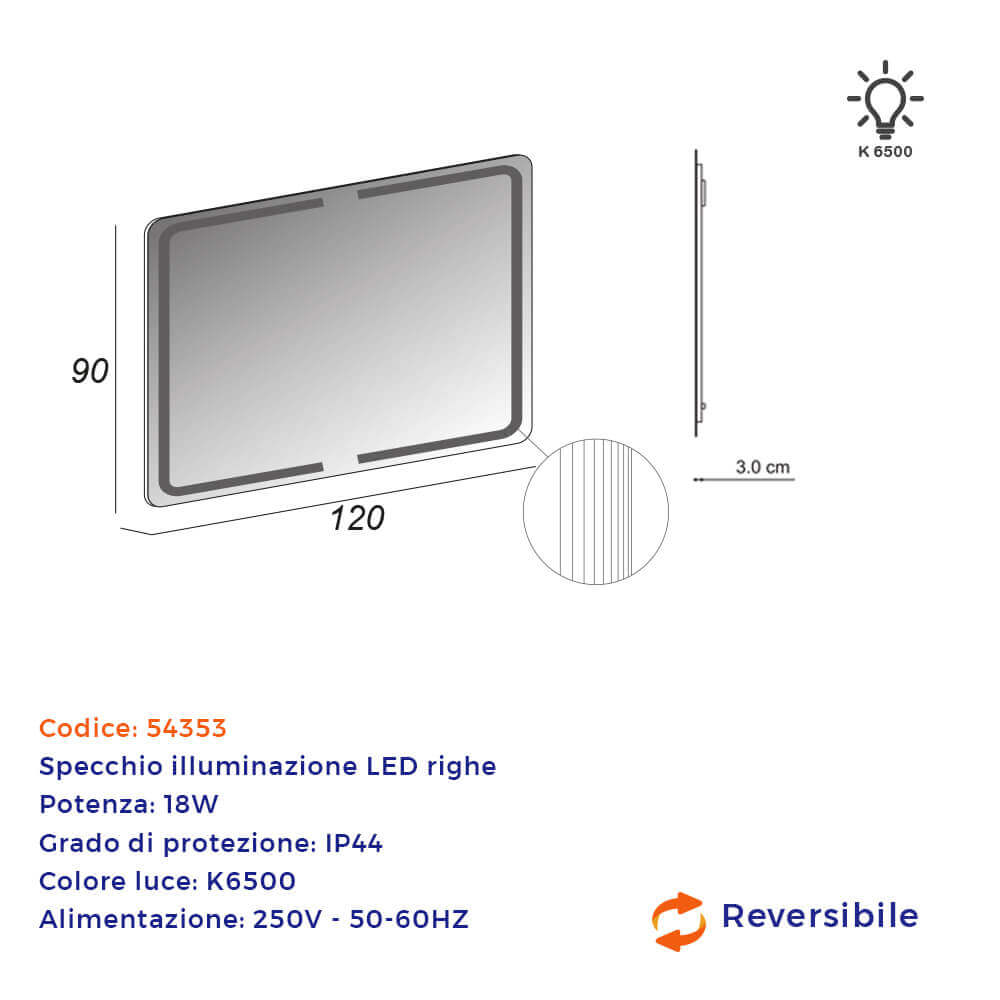 Specchio retroilluminato 90X120 con righe intarsiate reversibile - 2