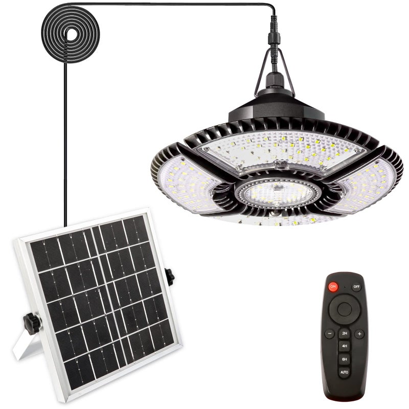 Zewnętrzna lampa solarna, lampa solarna z 4 regulowanymi panelami wielopozycyjnymi, wodoszczelna lampa solarna wisząca z pilotem, barwa ciepła biała