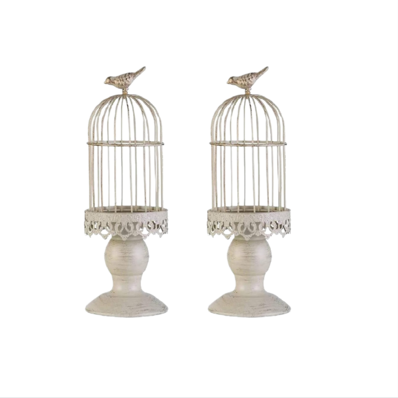 Lot De 3 Bougeoirs Creux Cage à Oiseaux Vintage - Décoration Romantique Blanc
