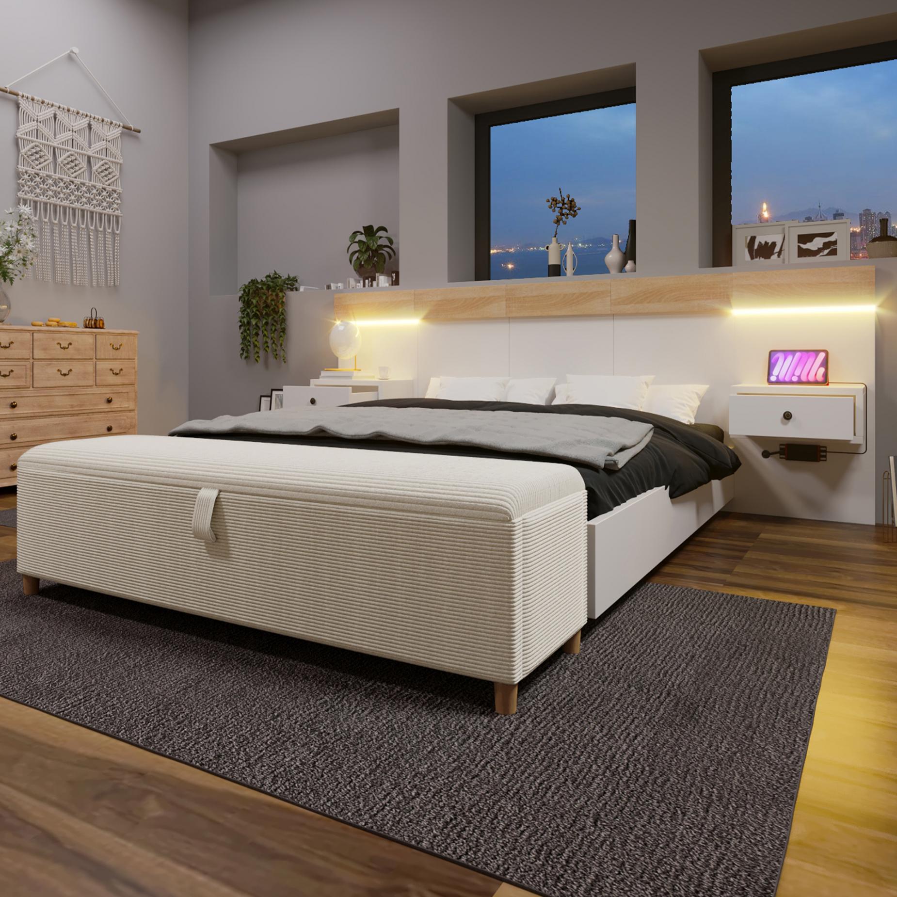 Lit Double 140x190 Flottant Avec LEDs Et Rangements - Design Moderne, Tête De Lit Escamotable, Ports USB/Type-C - Blanc PU - 11