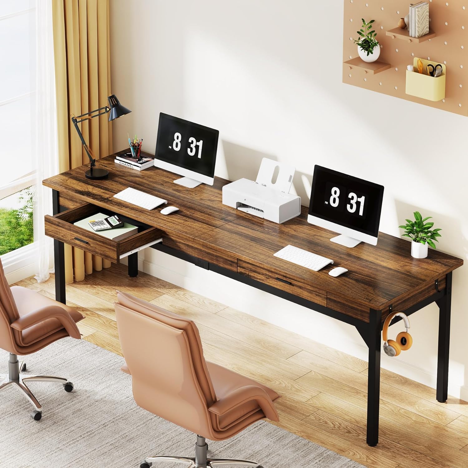 Bureau double 200cm de long table d'ordinateur avec 2 tiroirs, bureau, table de bureau - 8