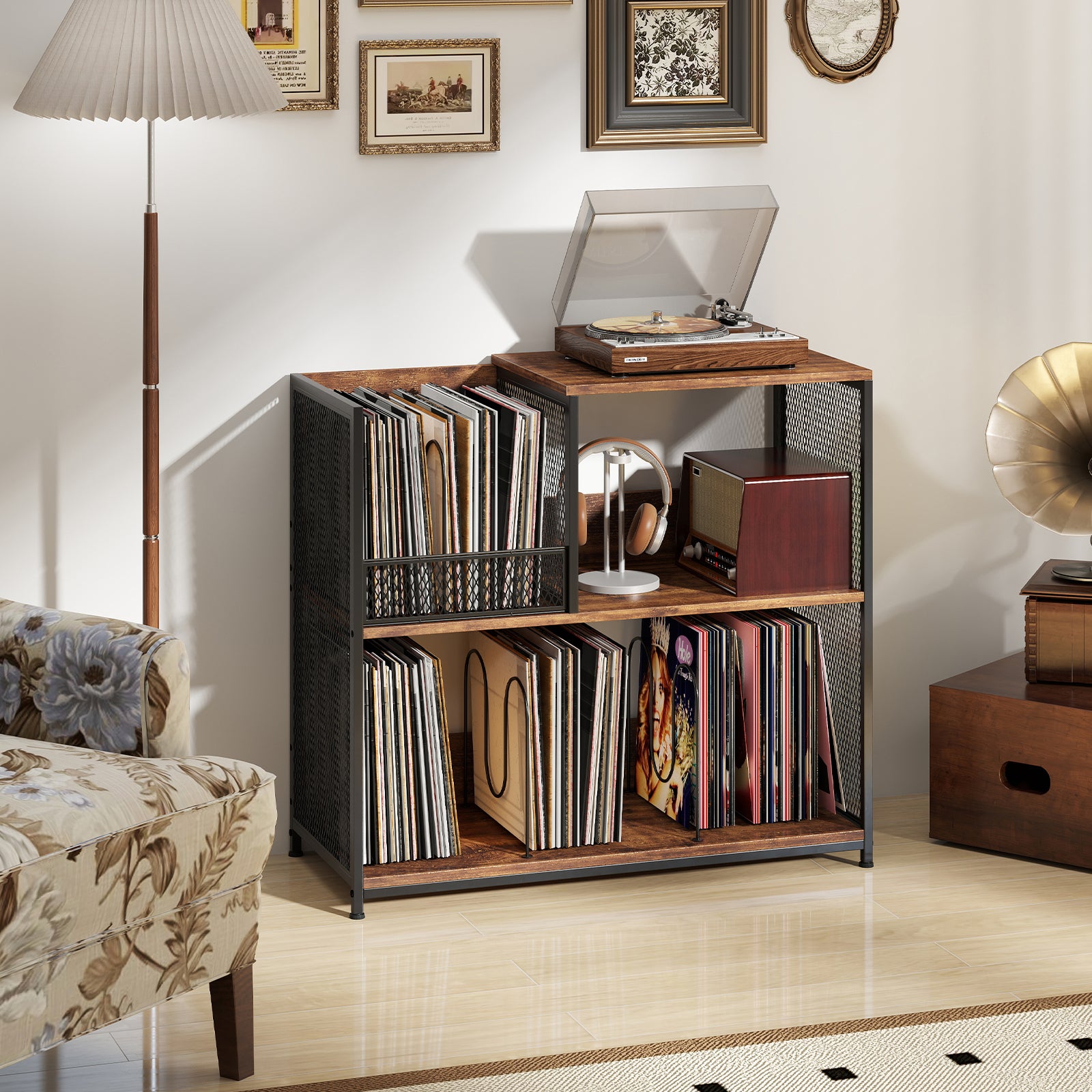 Support pour Platine Vinyle à 3 Niveaux jusqu'à 300 Albums, Table de Chevet avec 3 Diviseurs Amovibles et Structure Métallique, Marron Rustique - 7