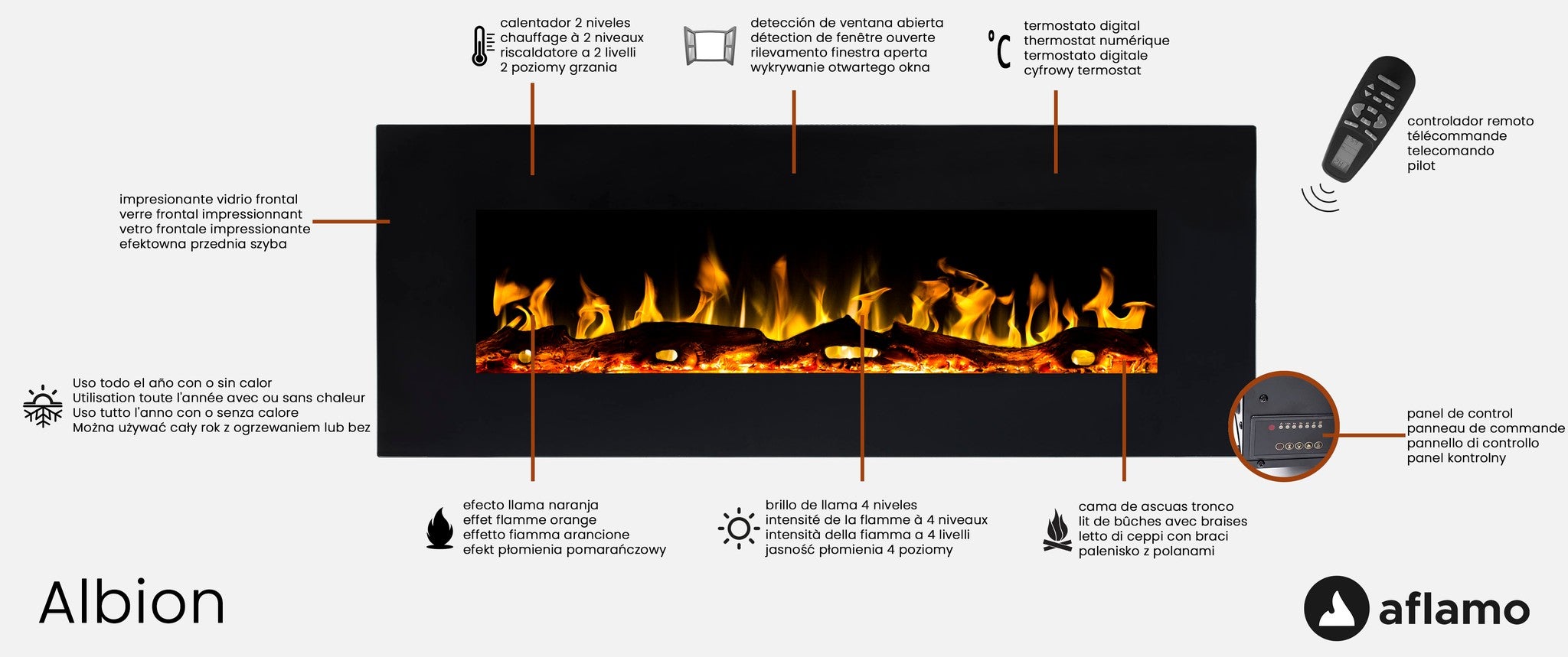 Cheminée électrique AFLAMO Albion 42 - feu premium - murale - 110x49x14 cm - cheminée LED décorative avec chauffage 750/1500 W - 2