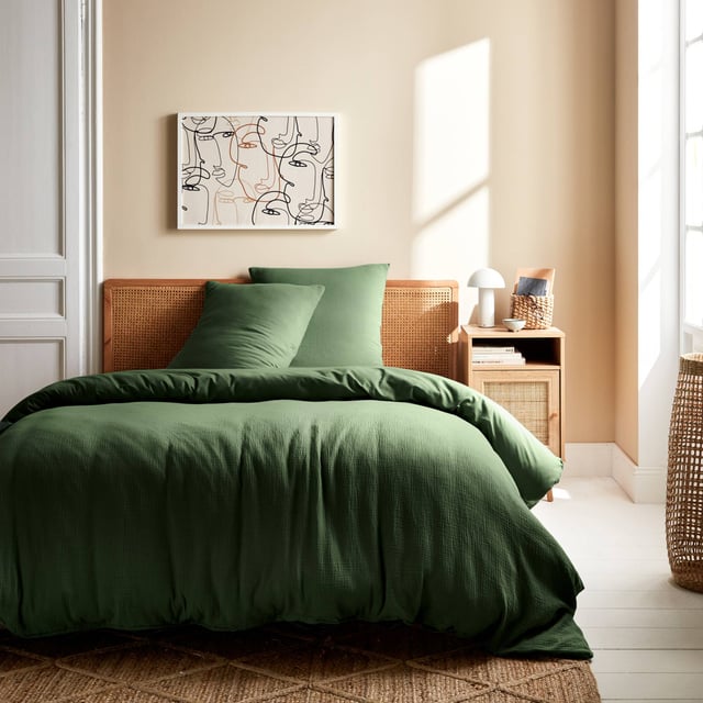 Parure de lit gaze de coton / coton kaki. 2 places. 1 housse de couette avec 2 taies d'oreiller 260 x 240 cm ALIX