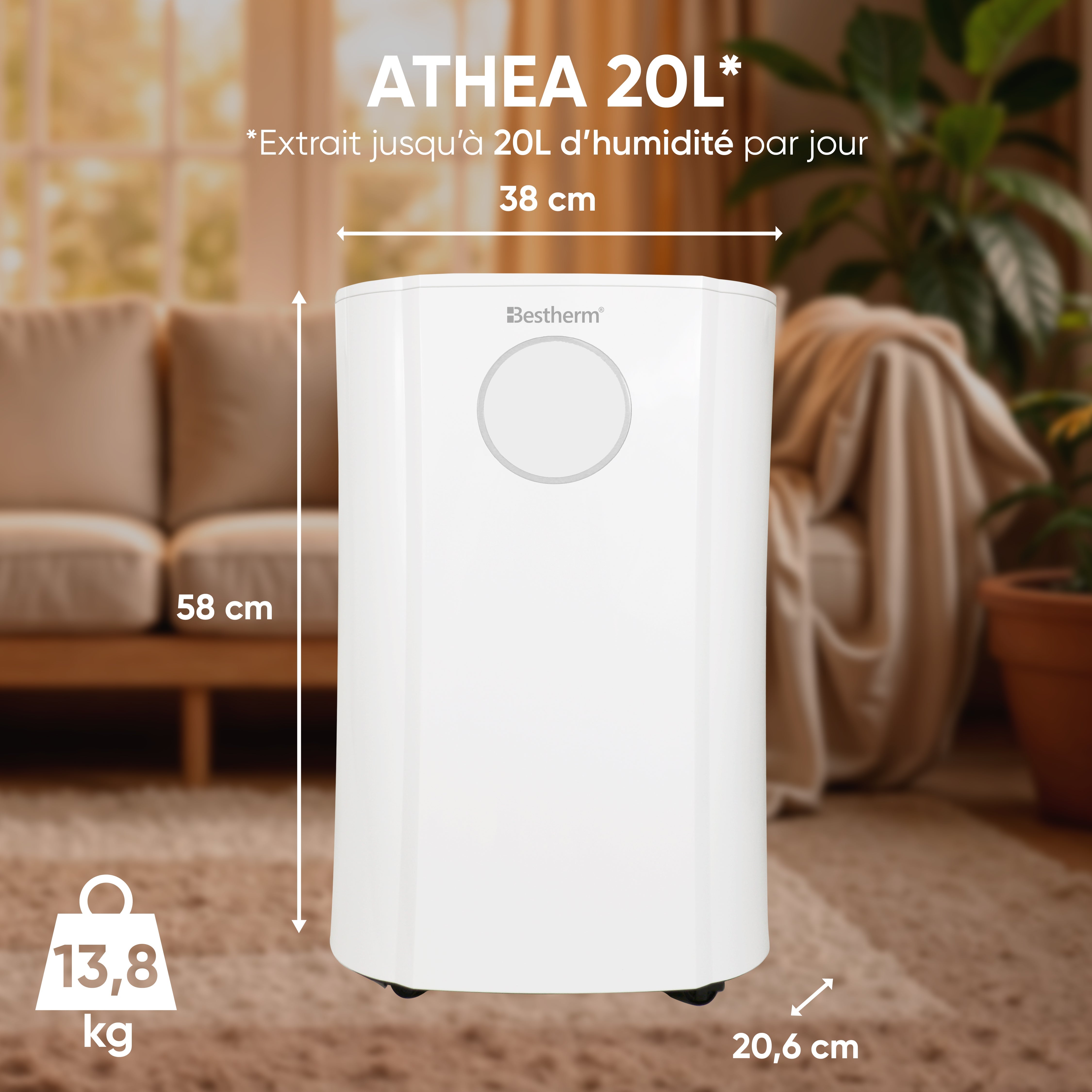 Déshumidificateur d'air BESTHERM - Athea 20L/jour, fonction purificateur d'air, filtre à charbon actif anti-odeurs, avec minuterie 24h - 5