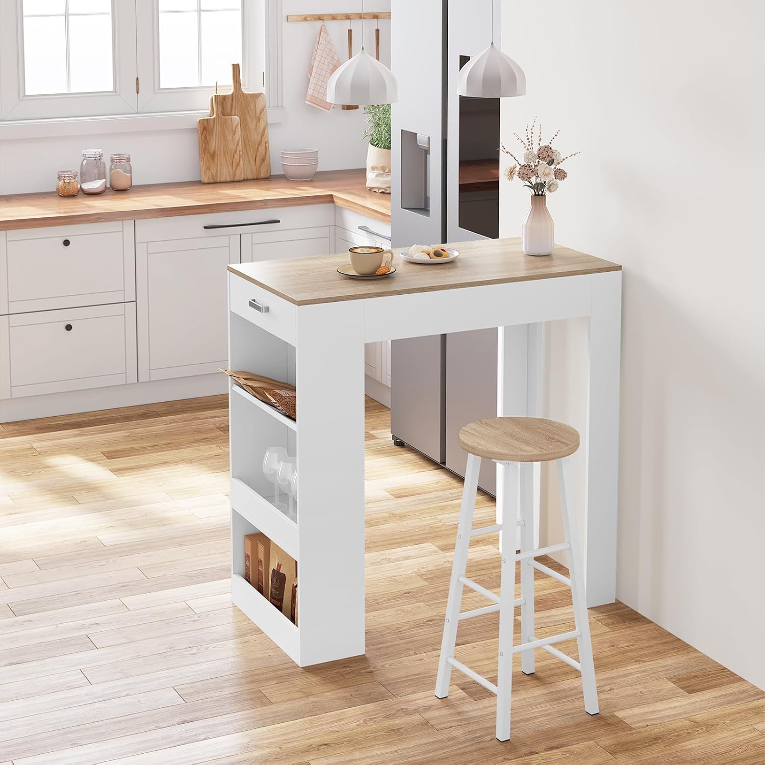 Lot de 2 Tabourets de Bar en MDF + Acier,Tabouret de Bistrot 30 x 30 x 71 cm,Chêne Clair + blanc,WOLTU - 6