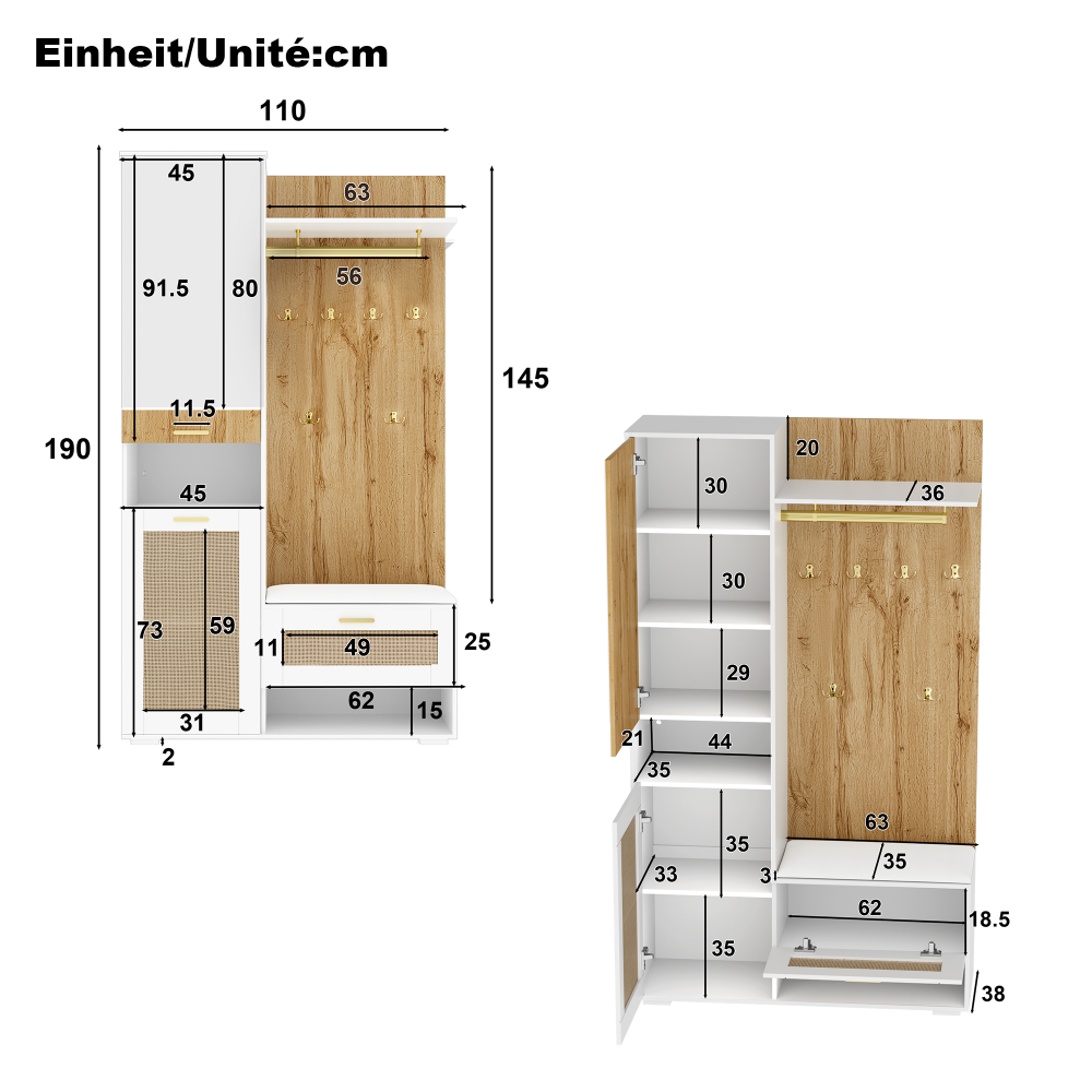 Ensemble de garde-robe moderne Bois et blanc avec miroir, LED, meuble à chaussures et banc - 3