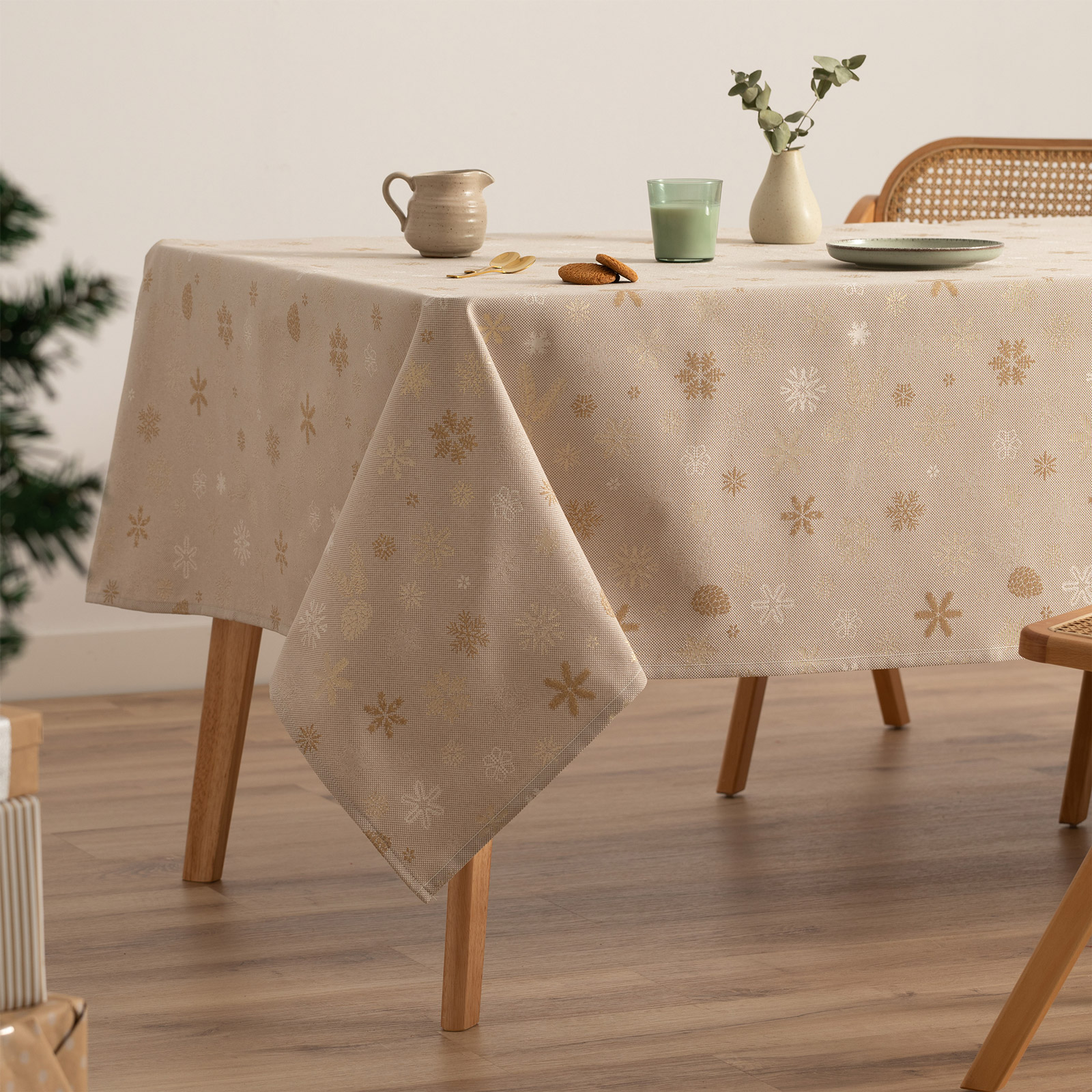Mantel navidad algodón rectangular jacquard snowflake beige y oro 140x100 cm - flake