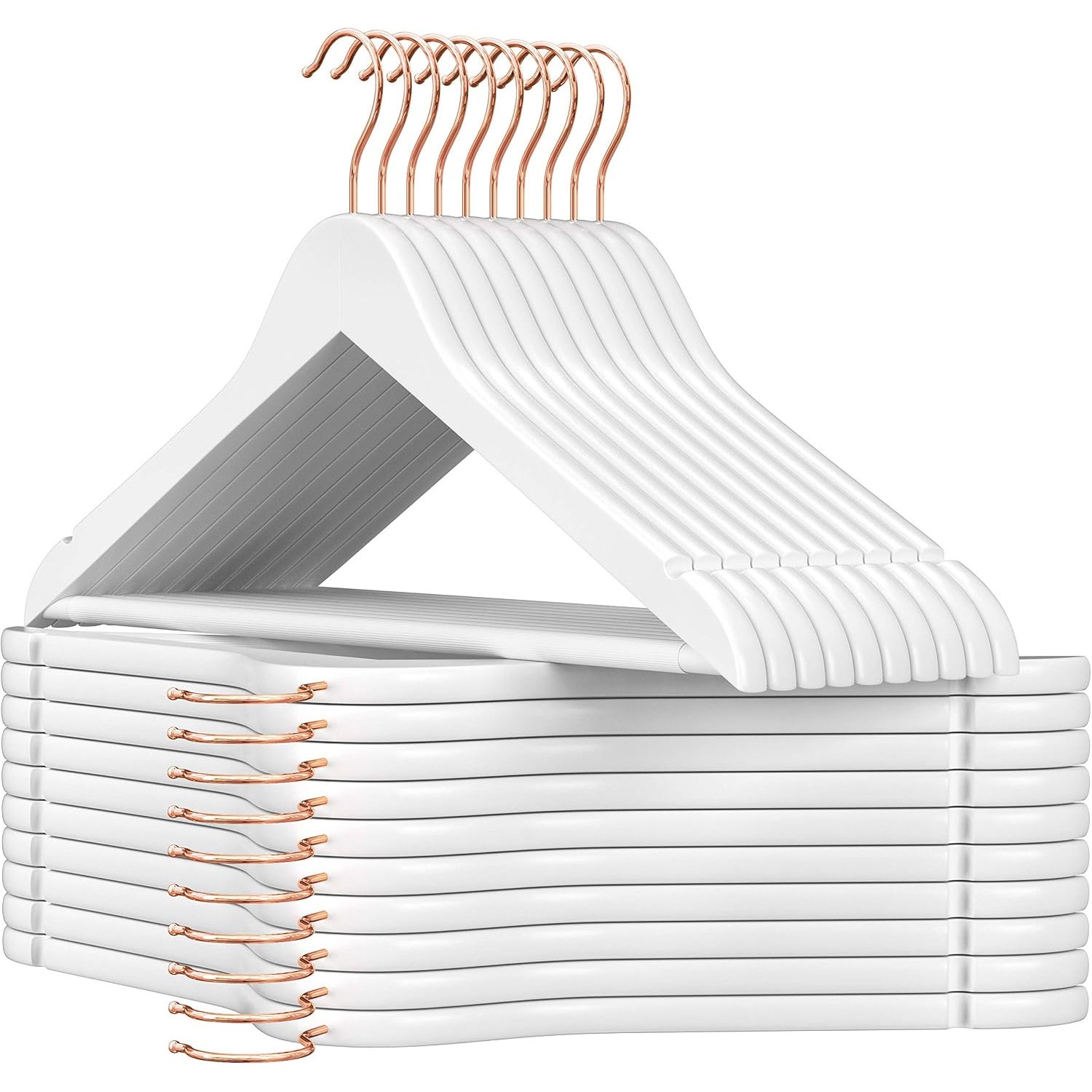 Set de 20 de umerase din lemn, cu bara antiderapanta pentru pantaloni si carlig rotativ, 45 cm, alb 20buc