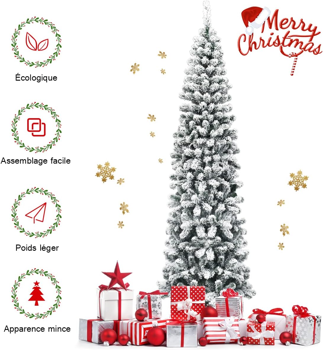 Albero di Natale Innevato 140/180/225 cm, Albero di Natale Artificiale Slim con 242/500/641 Rami Realistici e Folti e Base Pieghevole di Metal - 3