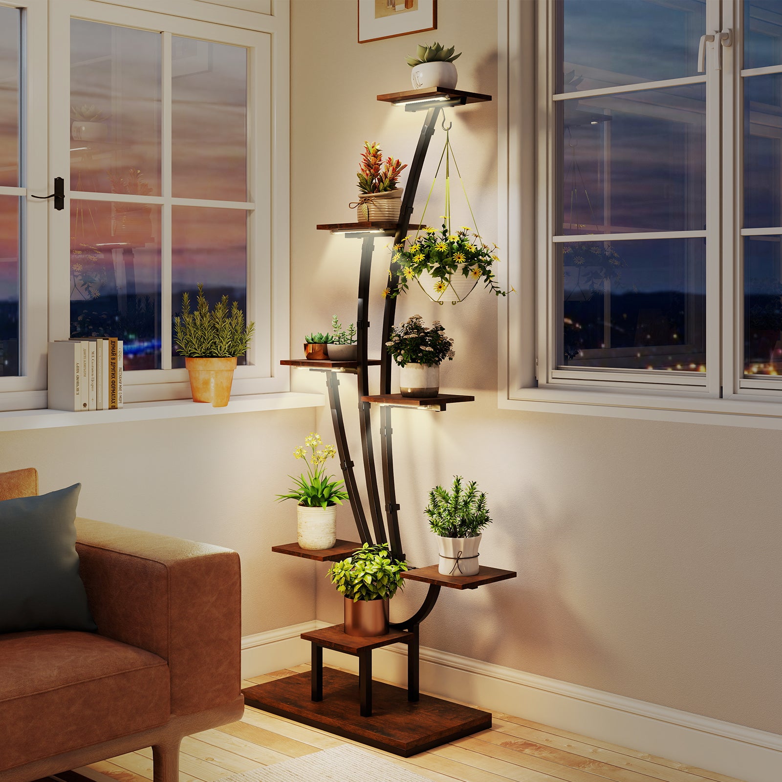 Support de Plante en Métal à 8 Niveaux, Étagère à Fleurs d'Intérieur avec Lampes à Lumières Réglables, Présentoir de Fleurs Décoratif pour Salon - 9