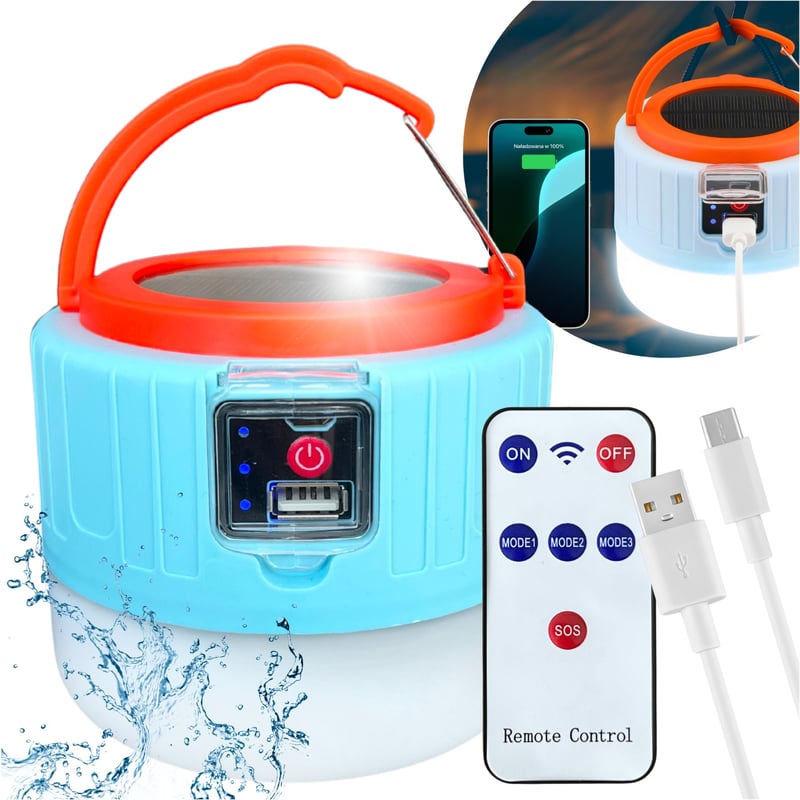 Lampa Solarna Turystyczna Kempingowa 2w1 Biwakowa Lampka LED, Powerbank