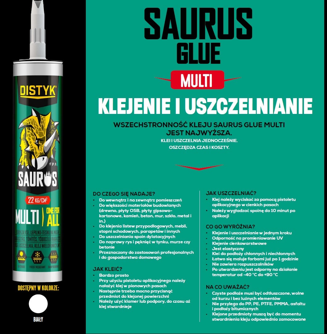 Klej montażowy SAURUS GLUE MULTI Distyk biały 290 ml 2w1 klej i uszczelniacz - 2