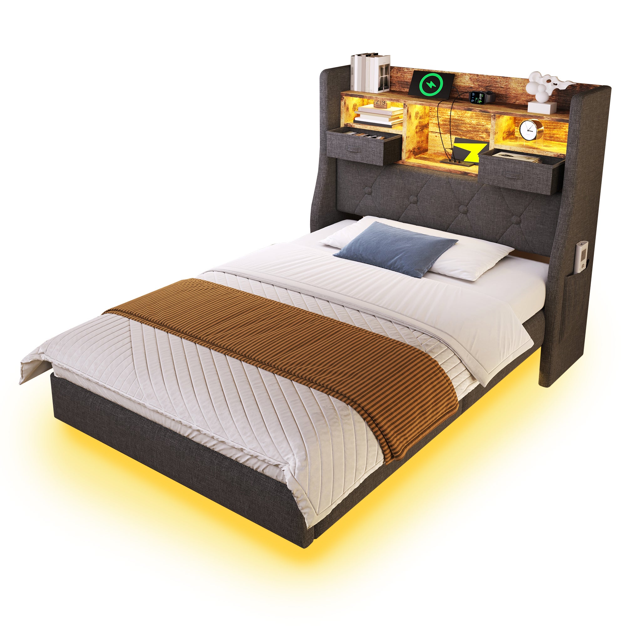 Łóżko tapicerowane 90 x 200 cm z zagłówkiem ze schowkiem - Gniazdo USB i typu C - Tkanina lniana - Diody LED - Szare (bez materaca) - 6