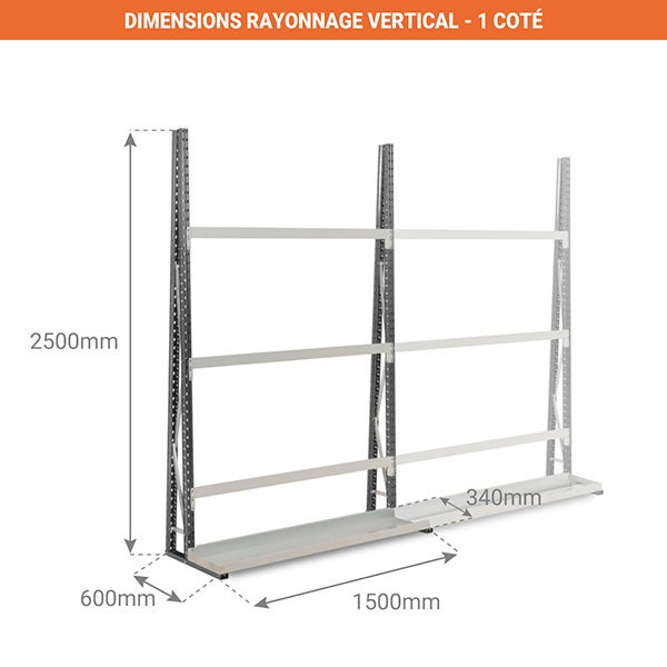 Rayonnage vertical 1 cotés - Élément suivant - 2500x1800x600mm - Utilisable uniquement avec un module de départ - RAYOVERT/1C/1534/S - 3