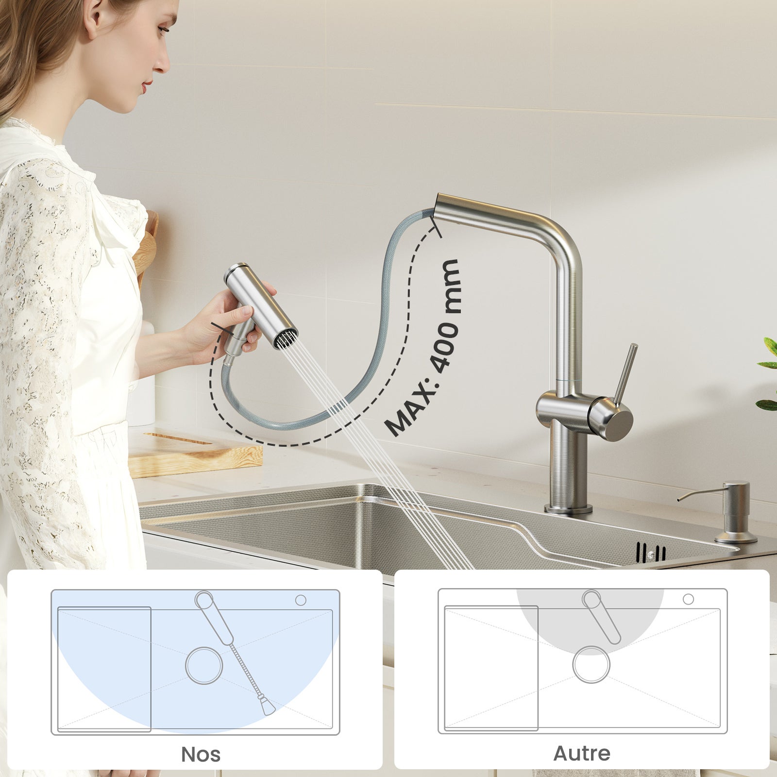 Cecipa max Robinet de Cuisine avec Douchette Extractible, Mitigeur Cuisine en Inox, Robinet d'évier Rotation à 360° - 2