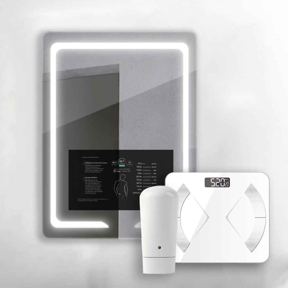 Espejo de baño iluminado con pantalla tactil de 21,5 + báscula biometrica y sensor de piel - 60x80cm