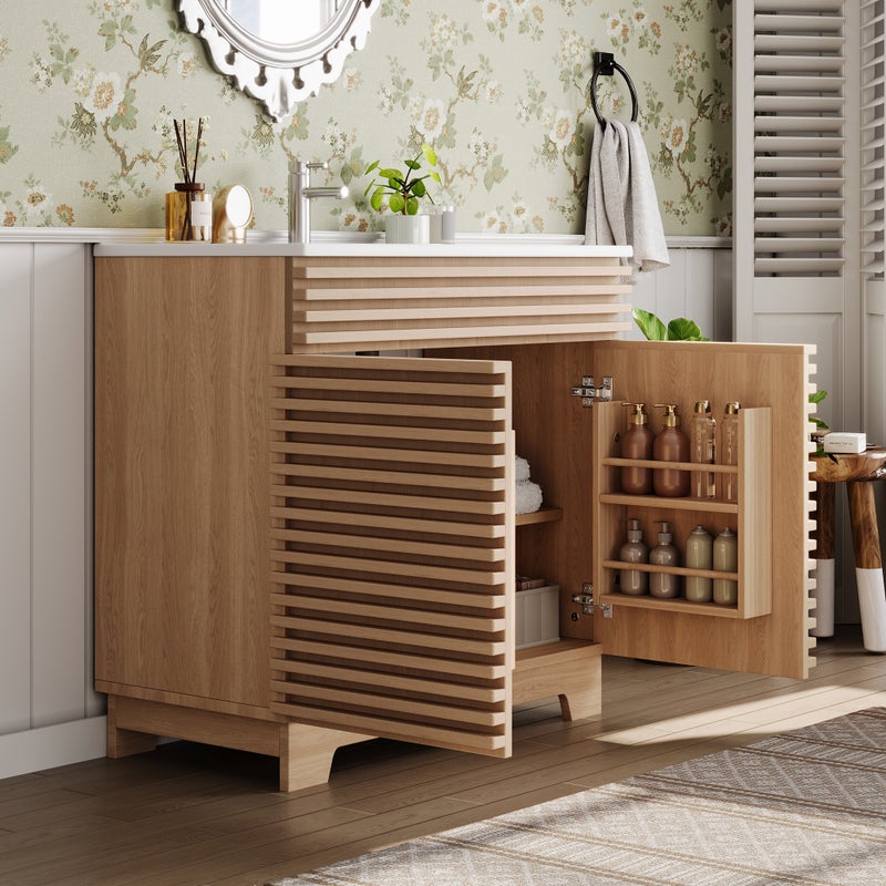 Szafka łazienkowa z pojedynczą umywalką i 2 drzwiami - 91 x 46 x 86,5 cm - MDF i umywalka ceramiczna - Naturalna