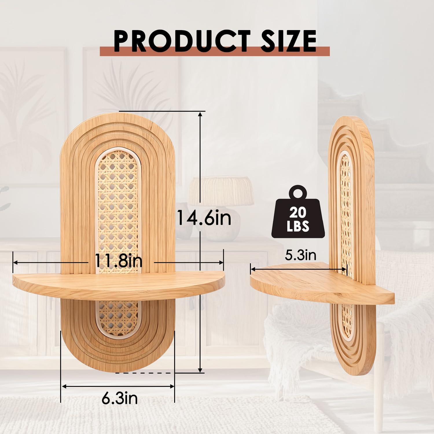 Étagères murales flottantes, ensemble de 2 étagères bohèmes en rotin, petite étagère décorative murale unique, étagères naturel pour salon，beige - 3