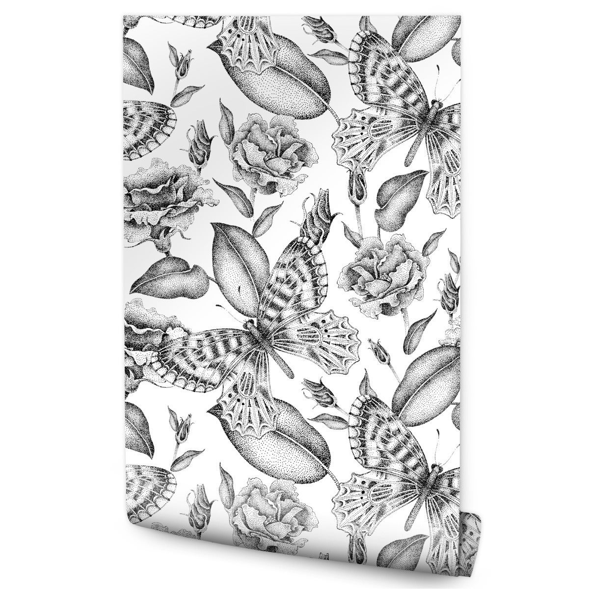 Papel pintado no tejido papillons flores hojas blanco y negro para sala de estar