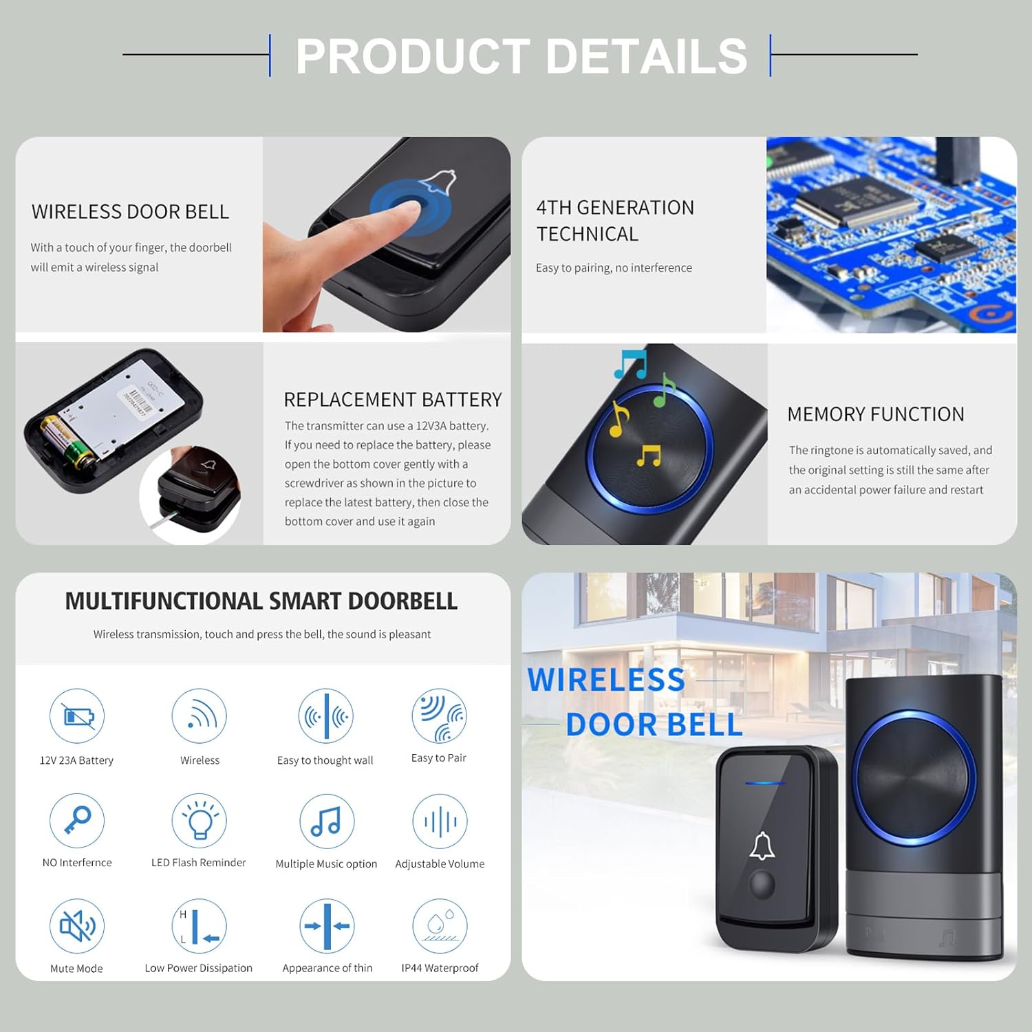 Sonnette Sans Fil, IP44 Exterieur Etanche Carillon 400 Mètres, 52 Mélodies et 4 Niveaux Volume, Kit de Carillon avec Récepteurs Enfichables, Voyant - 5