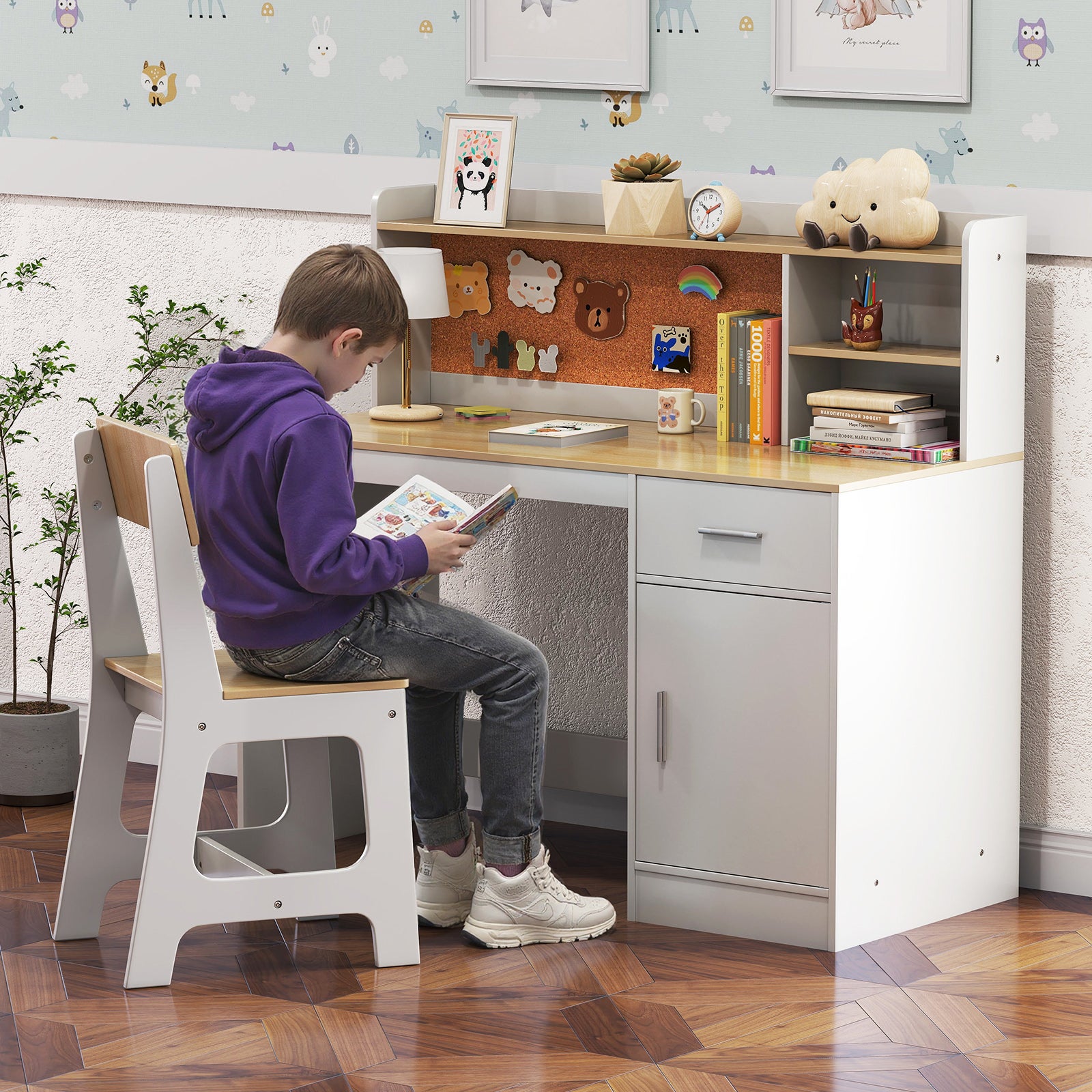 Bureau et Chaise d'Étude pour Enfants 3 Ans+, Table d'Écriture avec Étagères, Tiroir, Armoire de Rangement, pour Chambre, École, Naturel - 9